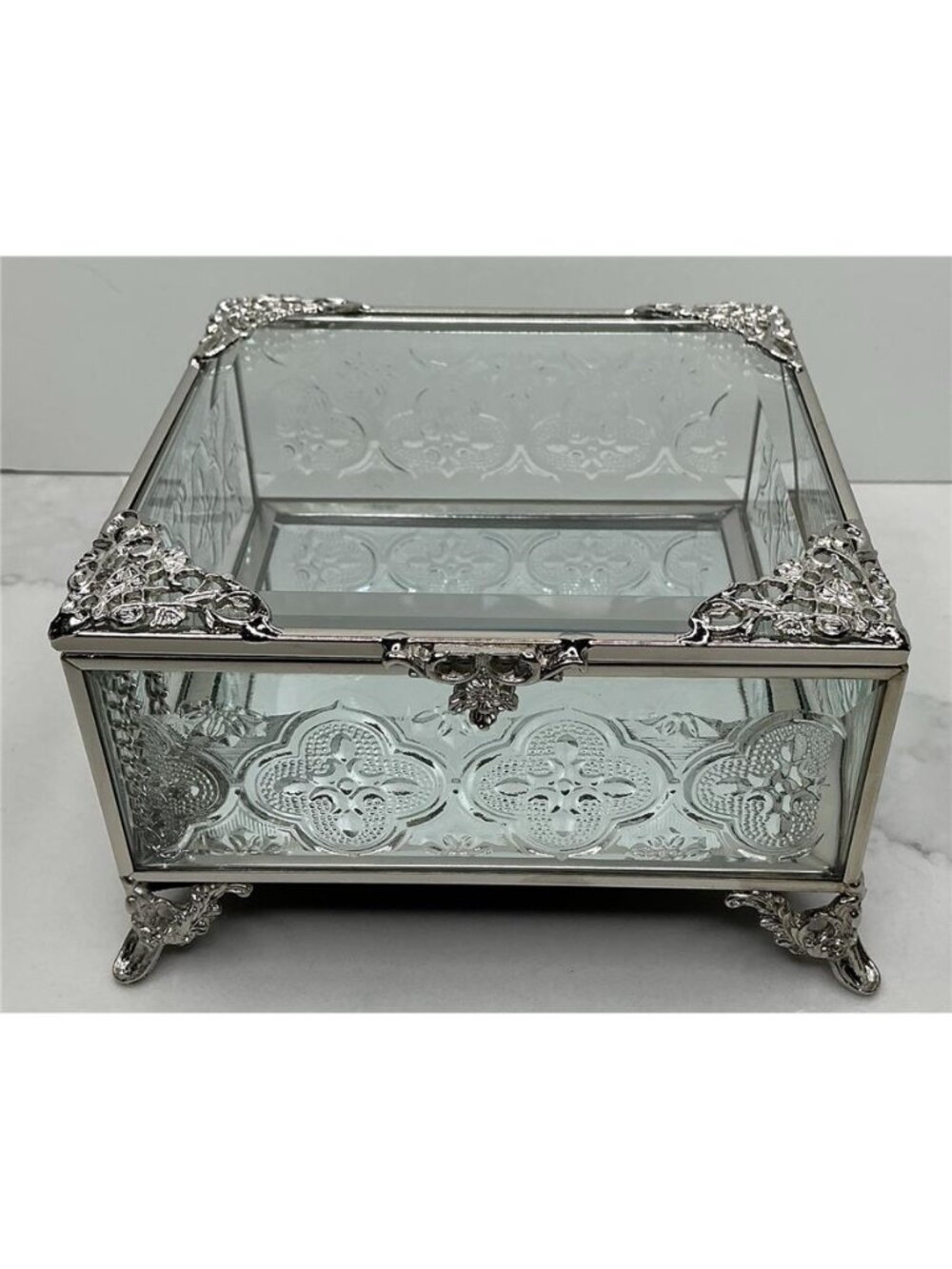 Metal Glass Hinged Lid Jewelry Trinket Box 5” X 3” Gray New